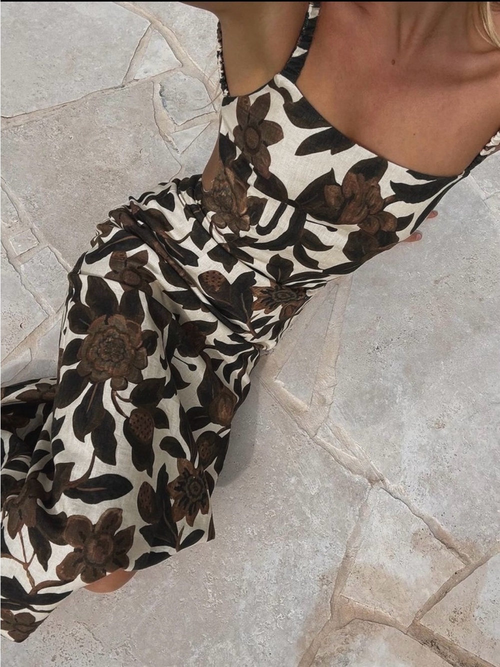 Commense Cream Midi Dress with Brown Floral Print